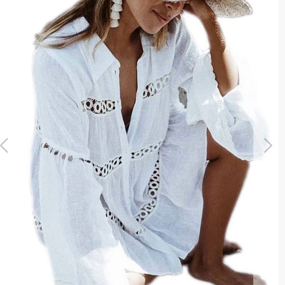 NWT Ibiza Anne ColeWomen's Button Up Bell Sleeve Crochet Trim Cover-Up Tunic - Picture 8 of 8